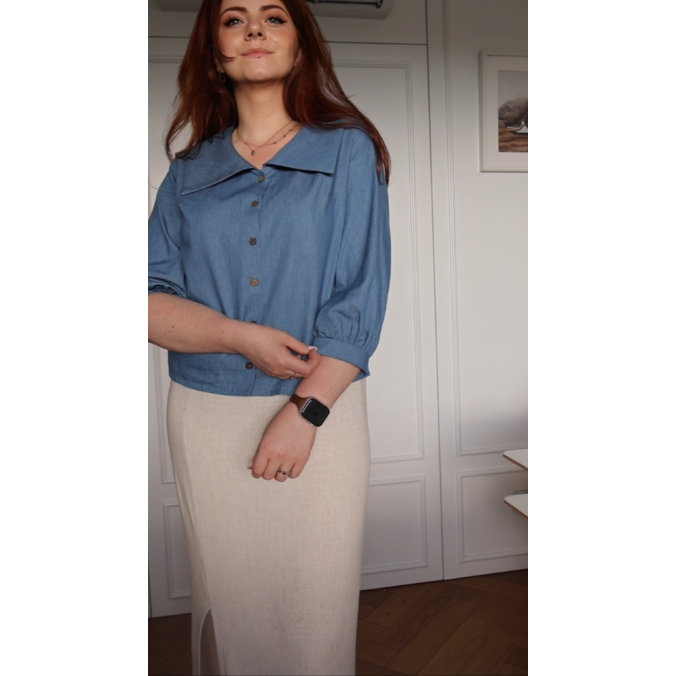 Rajska - Bluzka z ozdobnym kołnierzem z bawełny - jeans