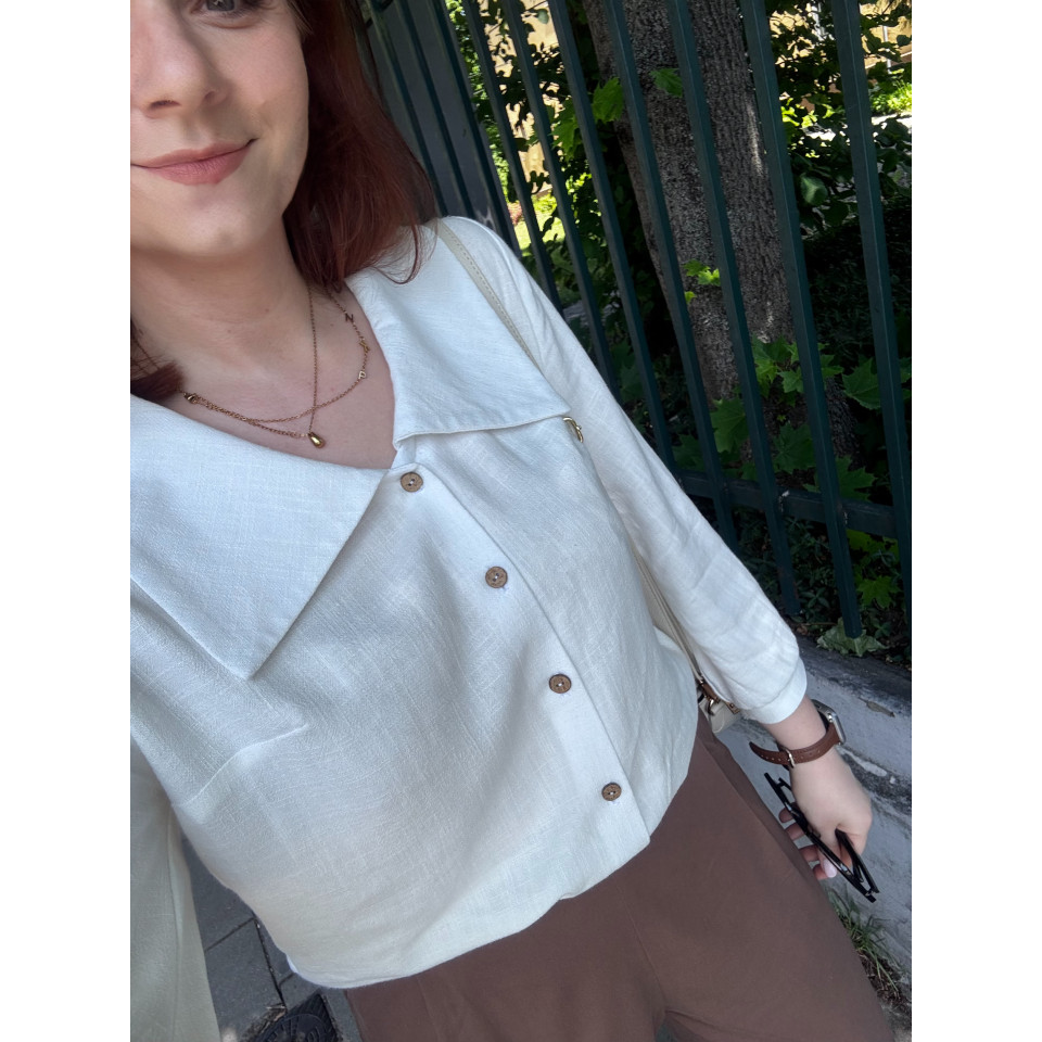 Rajska - Bluzka z ozdobnym kołnierzem z lnu i wiskozy - off white