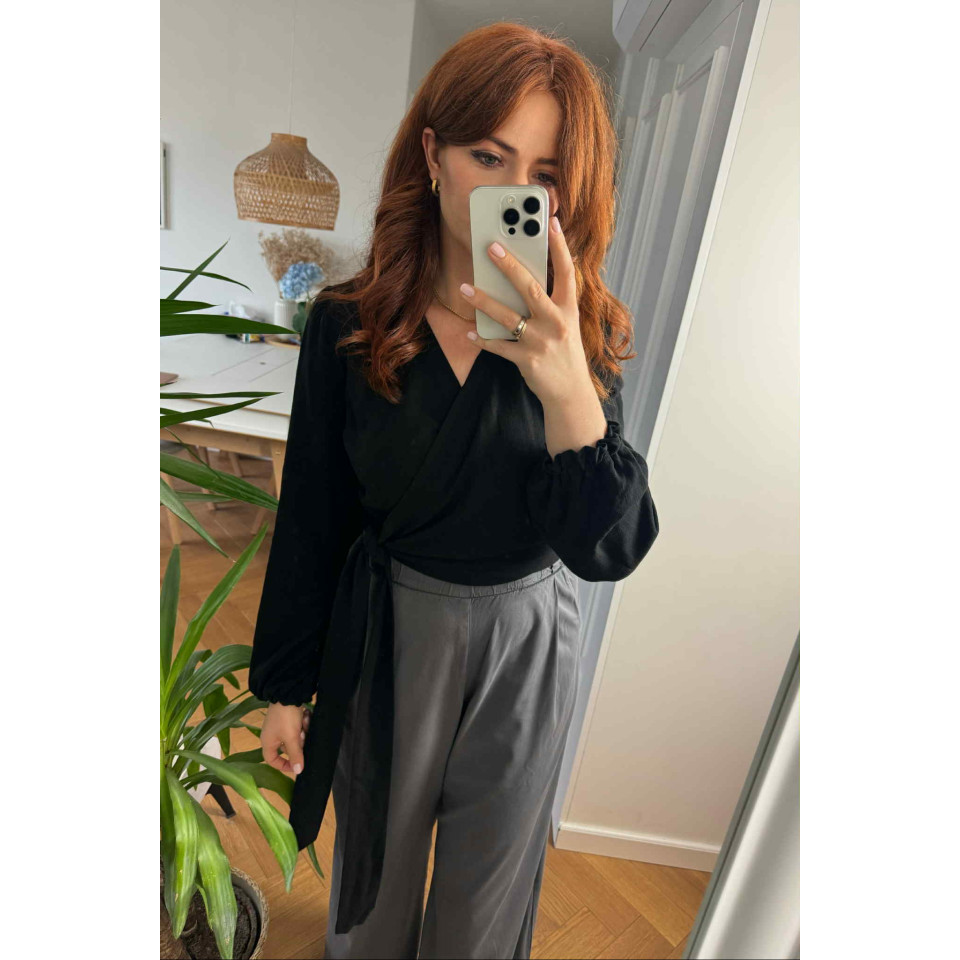 Senacka - Bluzka kopertowa lniano-wiskozowa - czarna