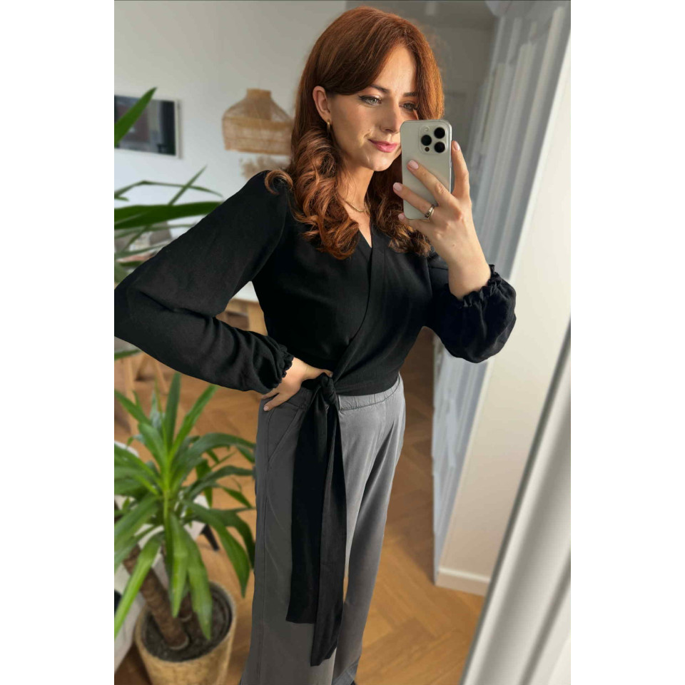 Senacka - Bluzka kopertowa lniano-wiskozowa - czarna