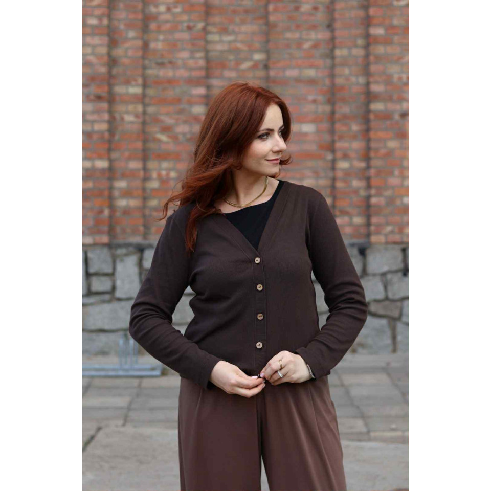 PREORDER Jubilat 2.0 -  Sweter z dzianiny prążkowanej - dekolt V - ciemny brązowy