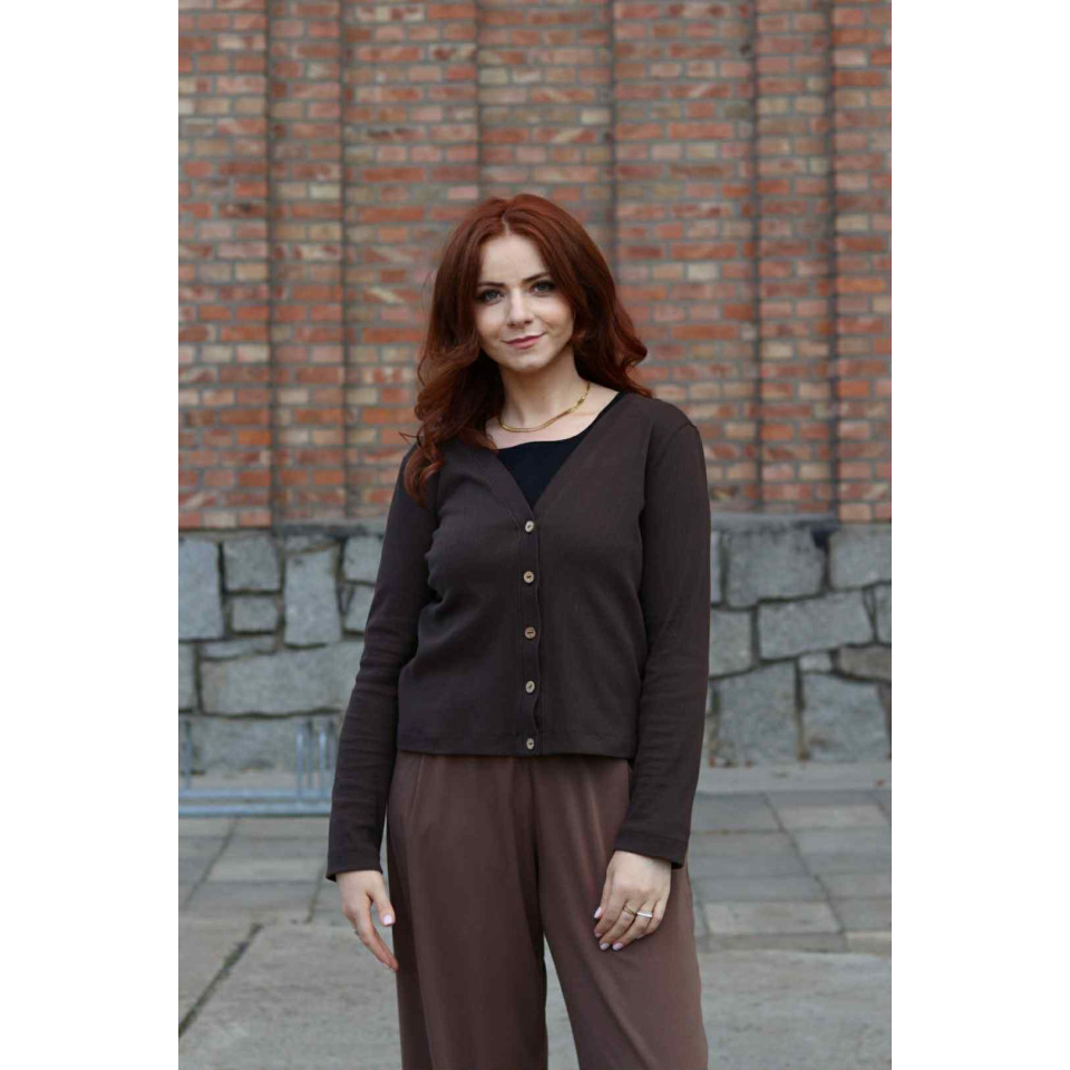 PREORDER Jubilat 2.0 -  Sweter z dzianiny prążkowanej - dekolt V - ciemny brązowy