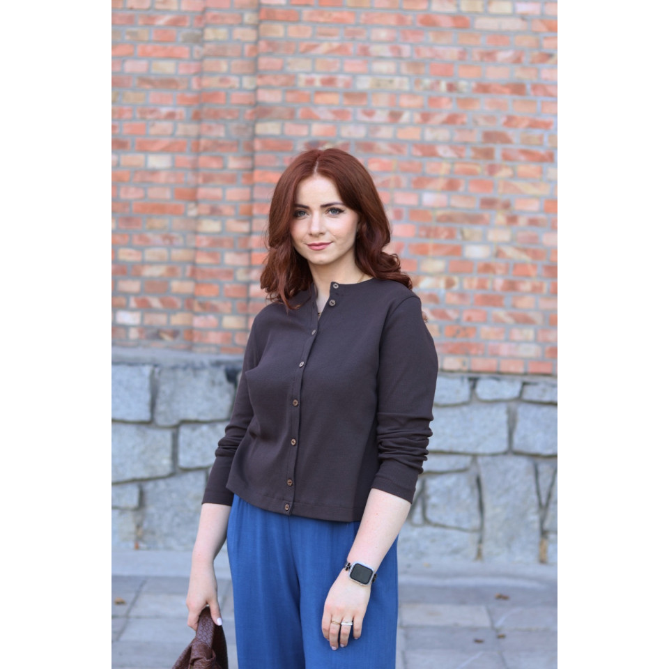 PREORDER - Jubilat 2.0 -  Sweter z dzianiny prążkowanej - dekolt U - ciemny brązowy