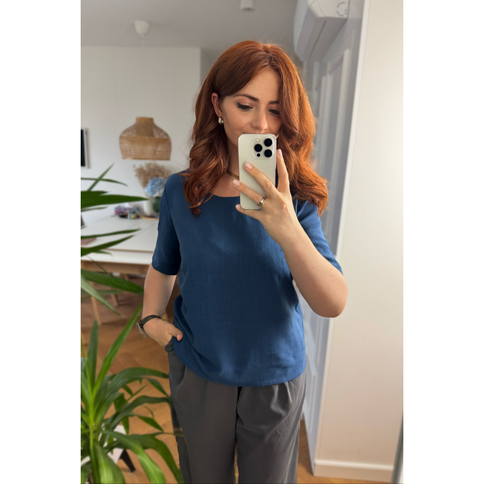 Bernatka - Bluzka lniano-wiskozowa z dekoltem U - ciemny jeans