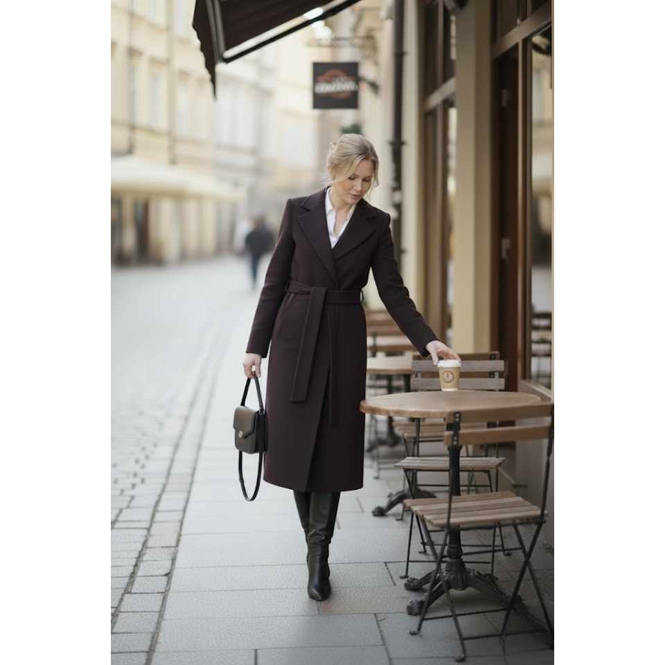 Płaszcz wełniany damski wiązany w talii - ciemno brązowy