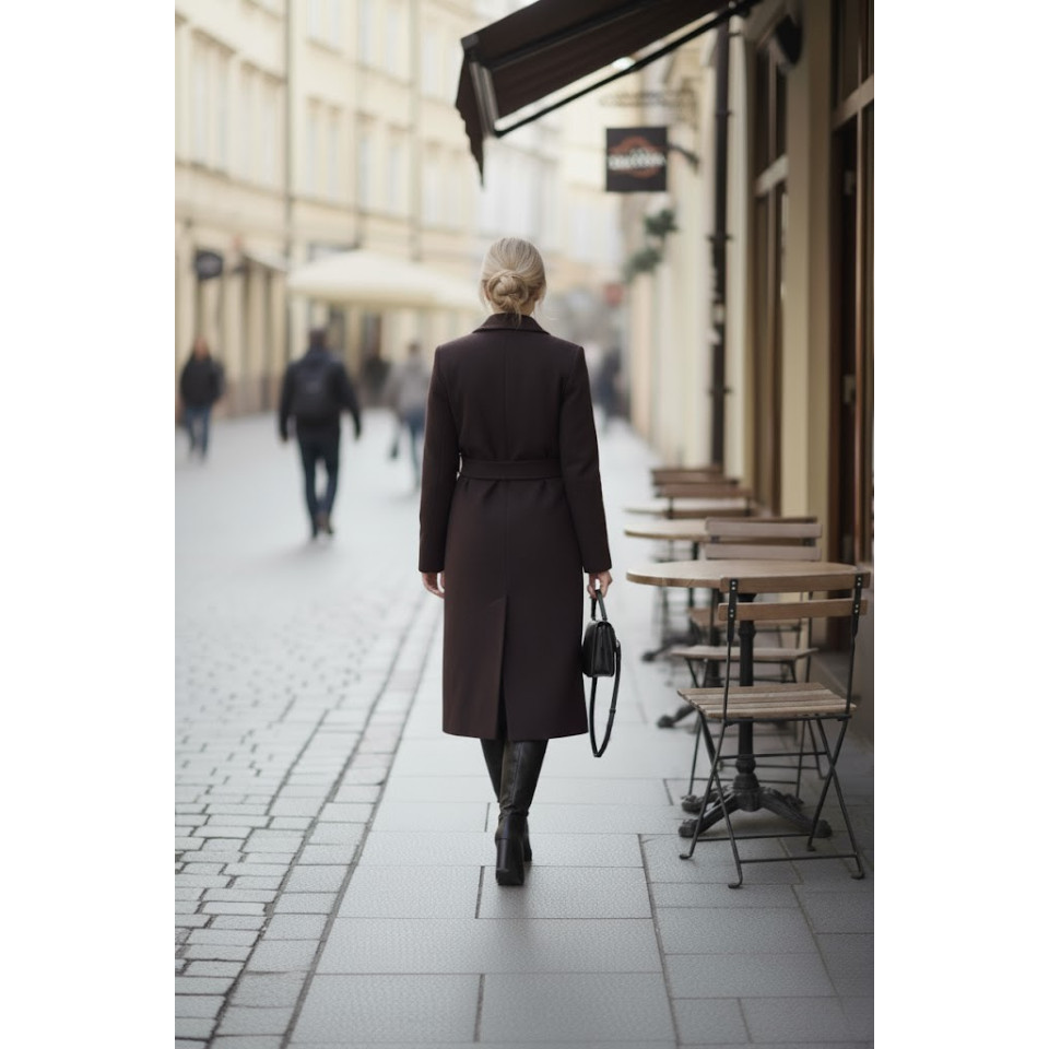 Płaszcz wełniany damski wiązany w talii - ciemno brązowy