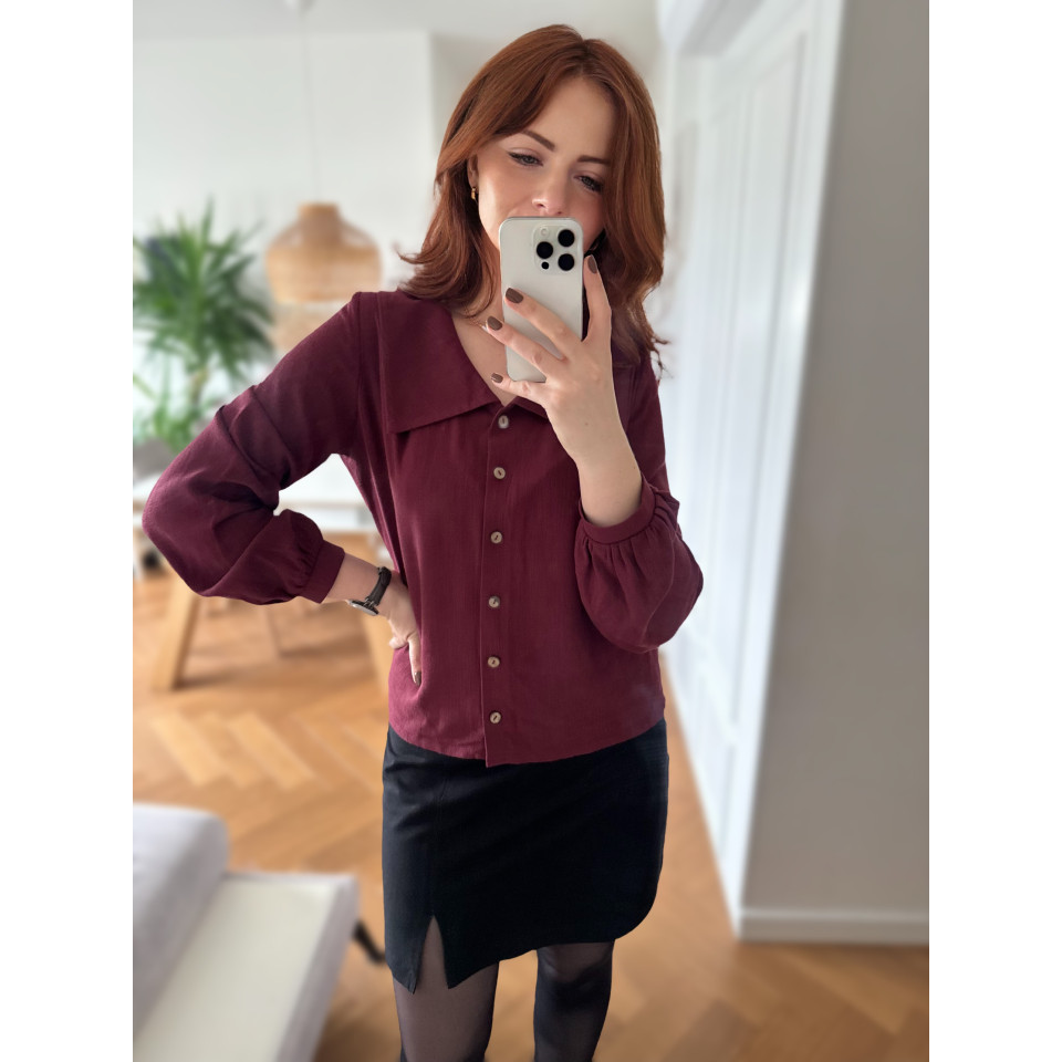 Rajska 2.0 - Bluzka z ozdobnym kołnierzem z lniano - wiskozowa - bordowa